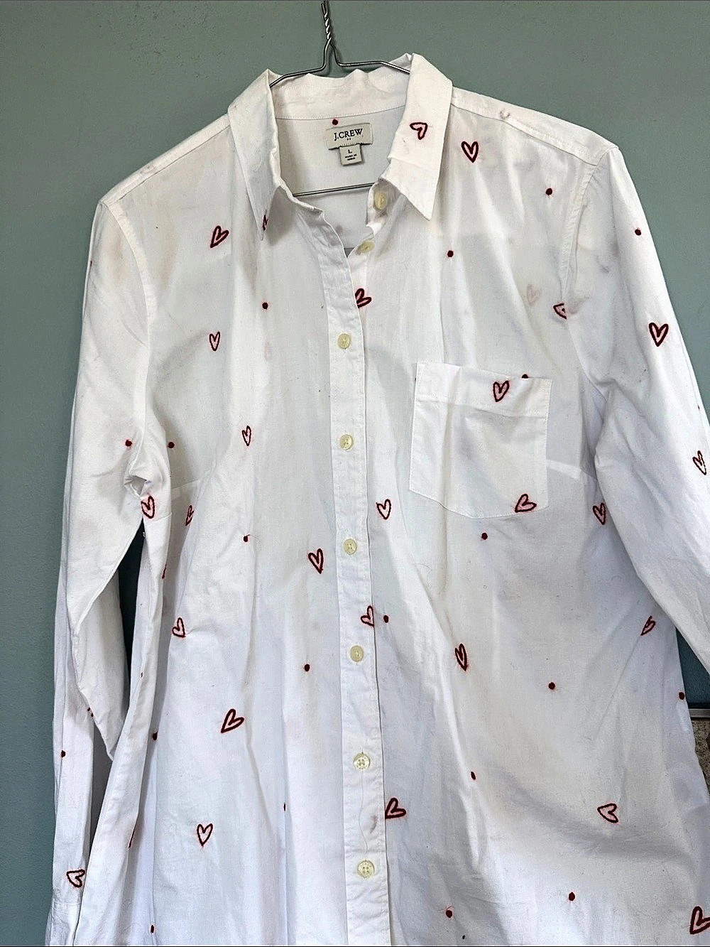 J.Crew Embroidered Hearts Button-Up Shirt White & Red Large